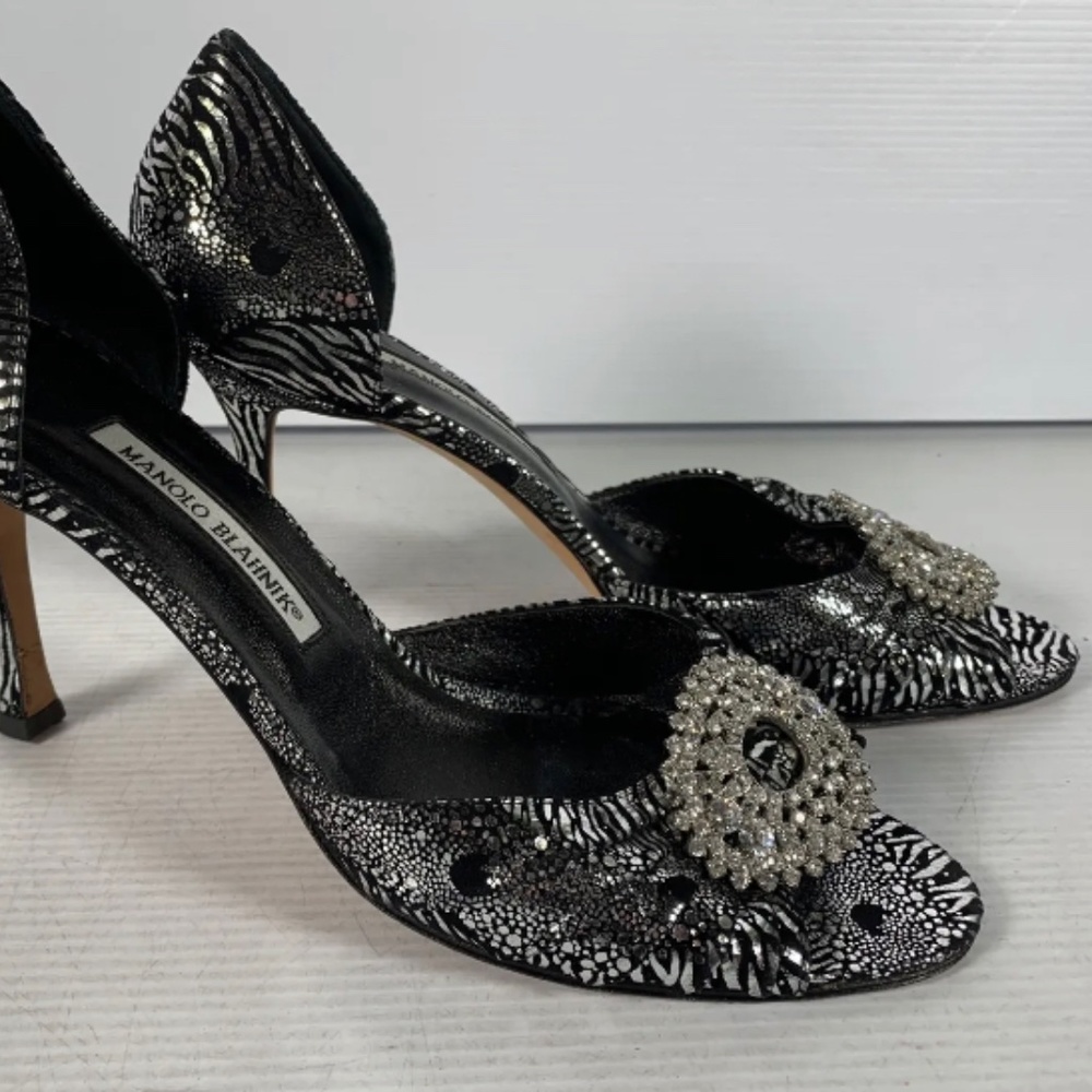 Manolo Blahnik Womens Heels Black Silver Hand Made Rhinestone Clip Italy 40.5
